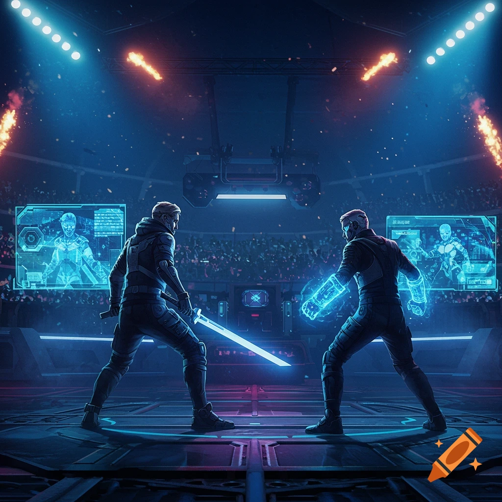 Two futuristic warriors face off in a glowing arena, surrounded by holographic displays and a cheering crowd.