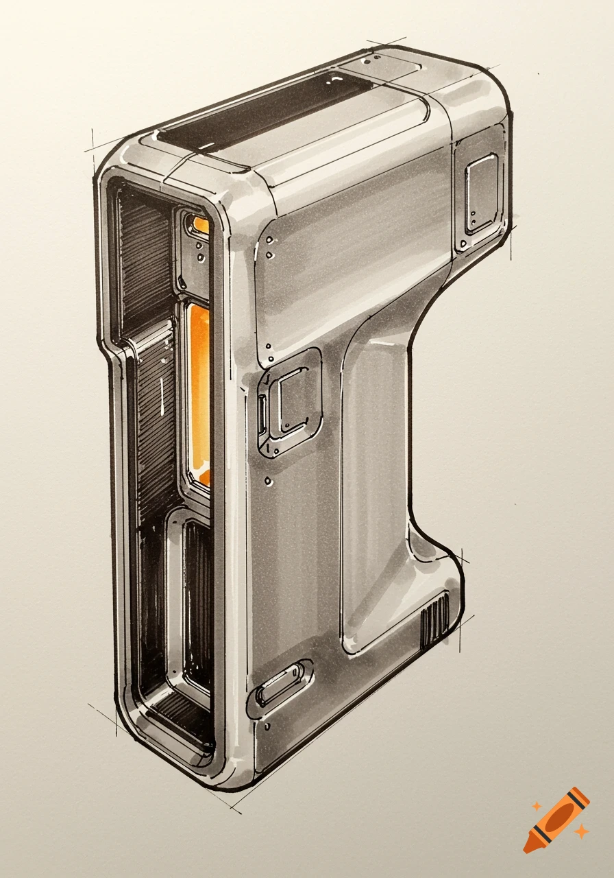 An industrial design sketch of a futuristic, angular device with an orange glowing interior and rivet details.