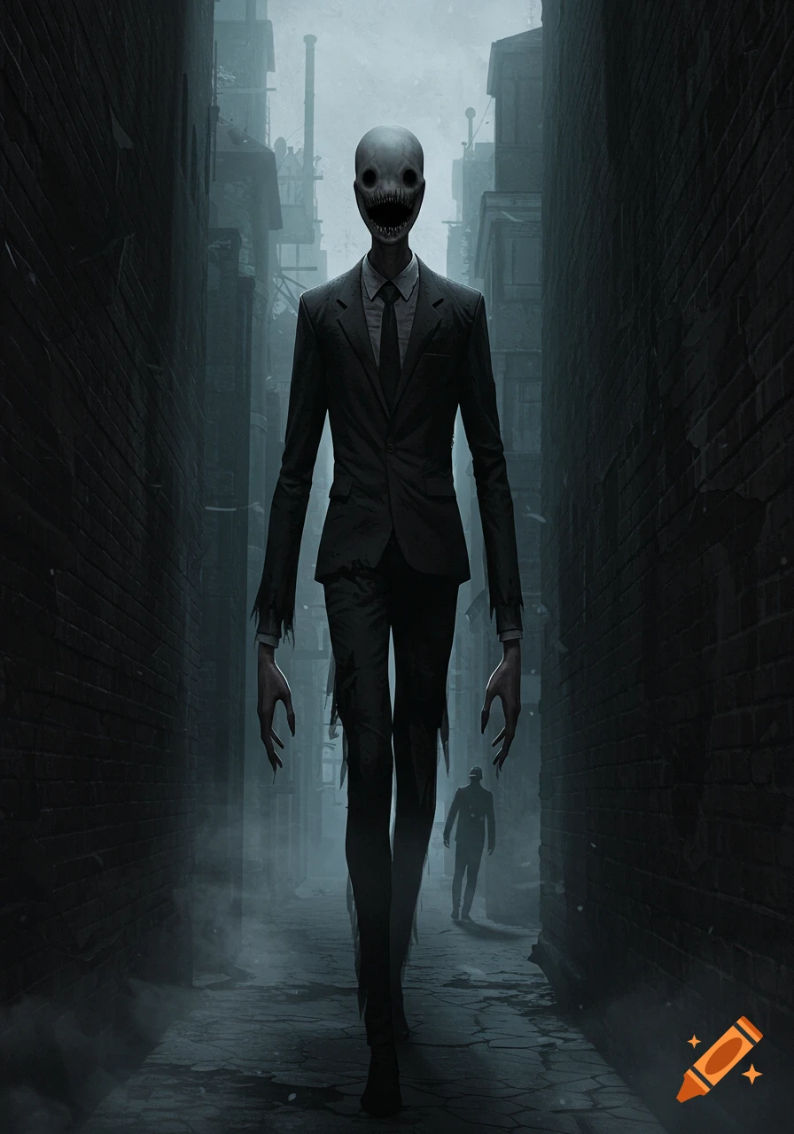 Tall, faceless creature with a gaping mouth and ragged suit stands in a dark, misty alleyway with buildings.