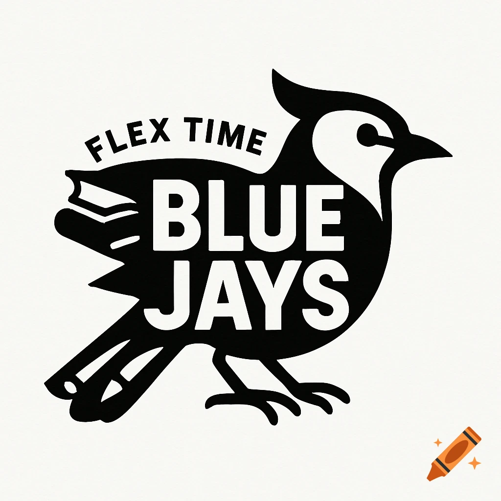 A minimalistic black and white logo of a blue jay bird with "FLEX TIME" and "BLUE JAYS" text.