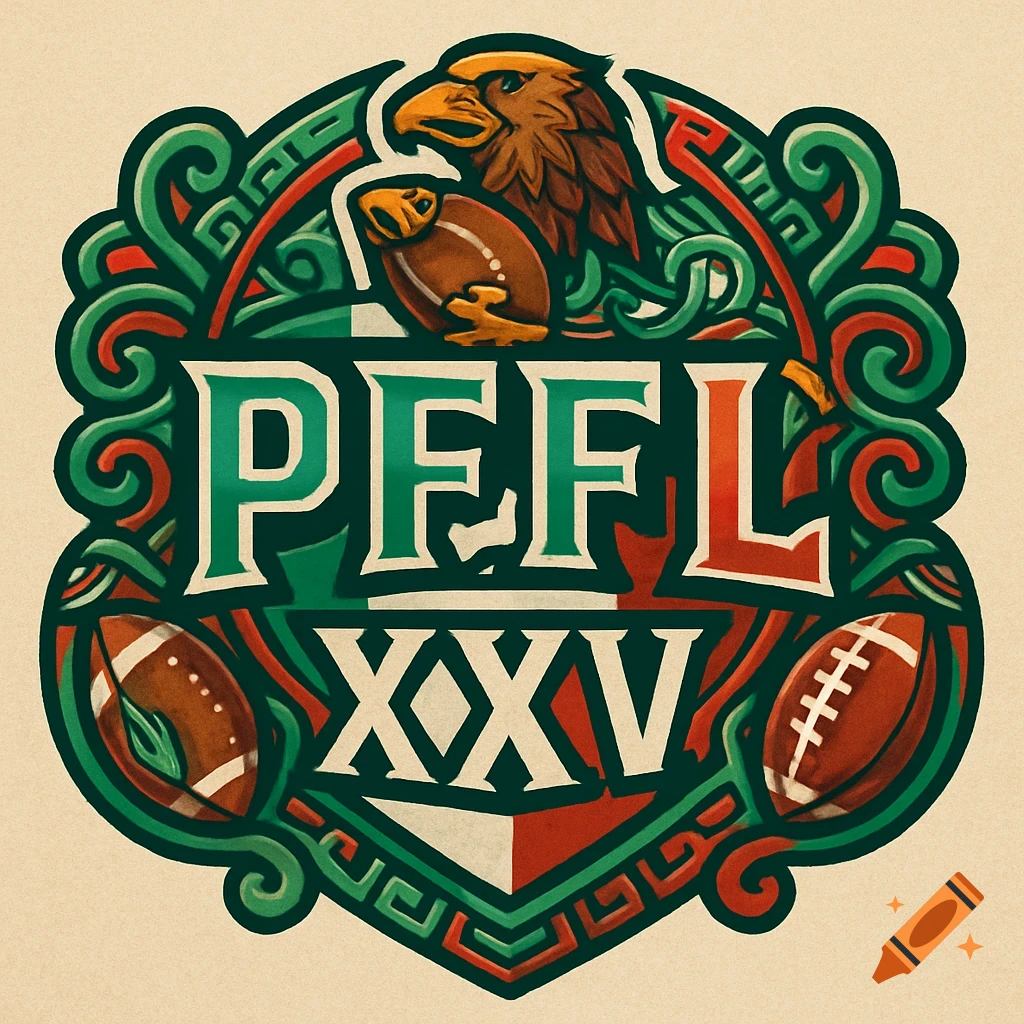 A vibrant fantasy football logo in green, white, and red, featuring an eagle, footballs, and the text PFFL XXV.