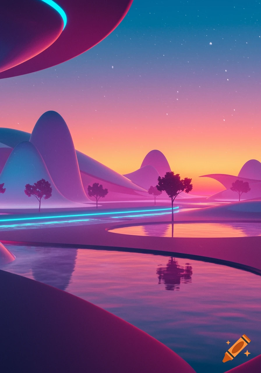 A vibrant, futuristic landscape with smooth purple hills, a glowing blue path, and water reflecting a pink and orange sunset sky.