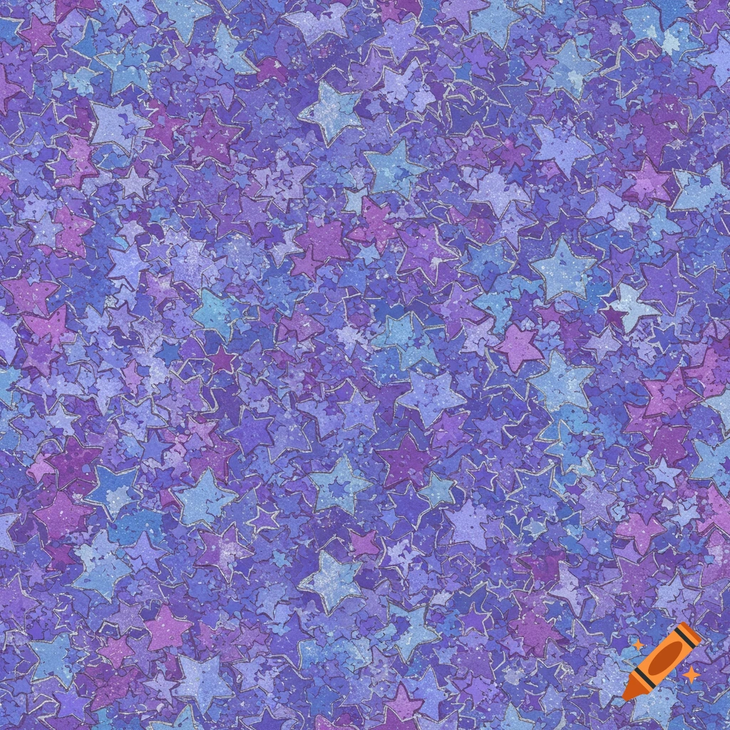 A seamless pattern of overlapping purple and blue stars with a pencil-crayon texture, outlined in silver.