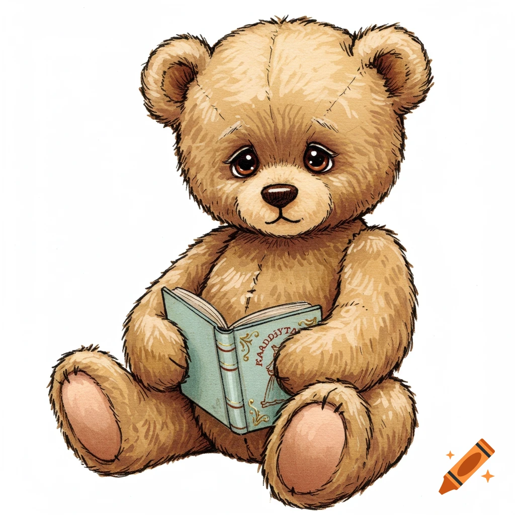 A cute brown teddy bear with big eyes sitting and reading a light blue book, illustrated in acrylic and ink style on a white background.