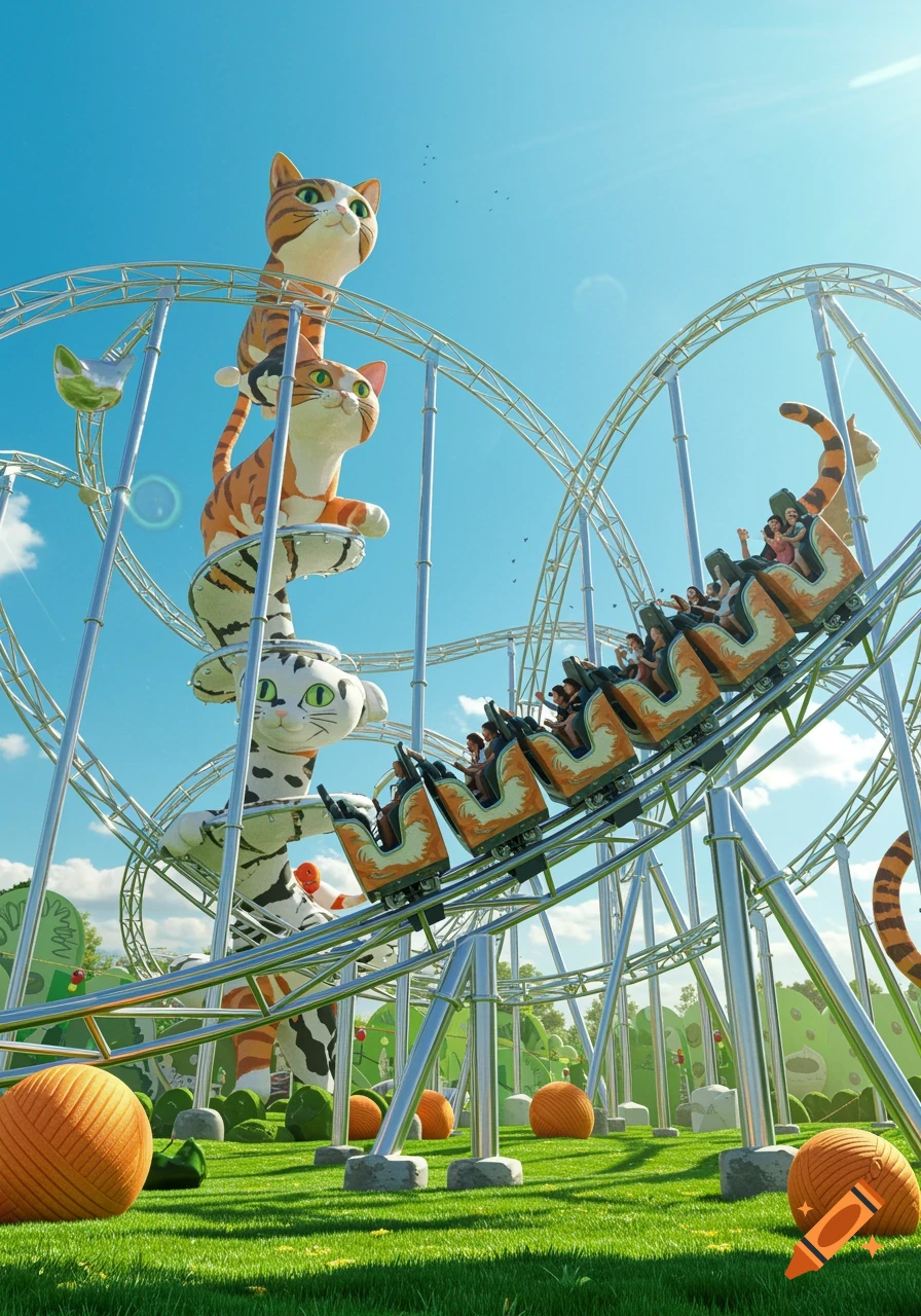 A vibrant cat-themed roller coaster with a train full of riders, winding around giant cartoon cat statues under a blue sky.