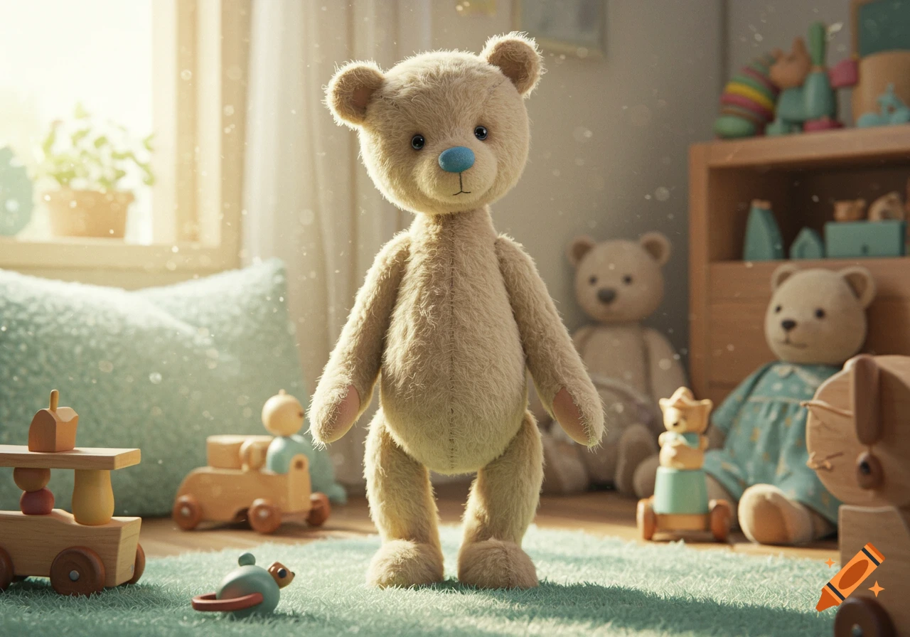 A fluffy light brown teddy bear with a blue nose stands on a green rug in a sunlit child's room surrounded by wooden toys.