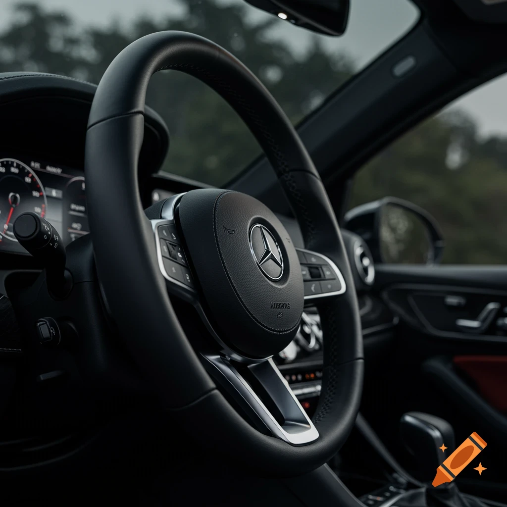 Close-up, eye-level shot of a black leather Mercedes-Benz steering wheel in a modern luxury car interior with cinematic lighting.