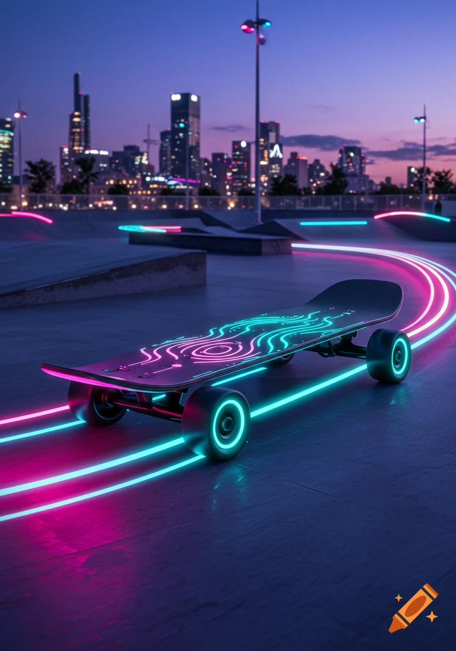 A neon-lit skateboard with glowing wheels and patterns on its deck, sits in a skate park at dusk with a city skyline in the background.