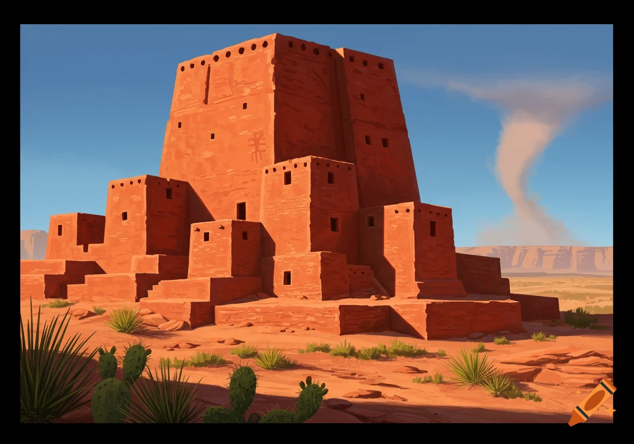 A large, red adobe pueblo stands in a desert landscape under a blue sky, with cacti and a dust devil.
