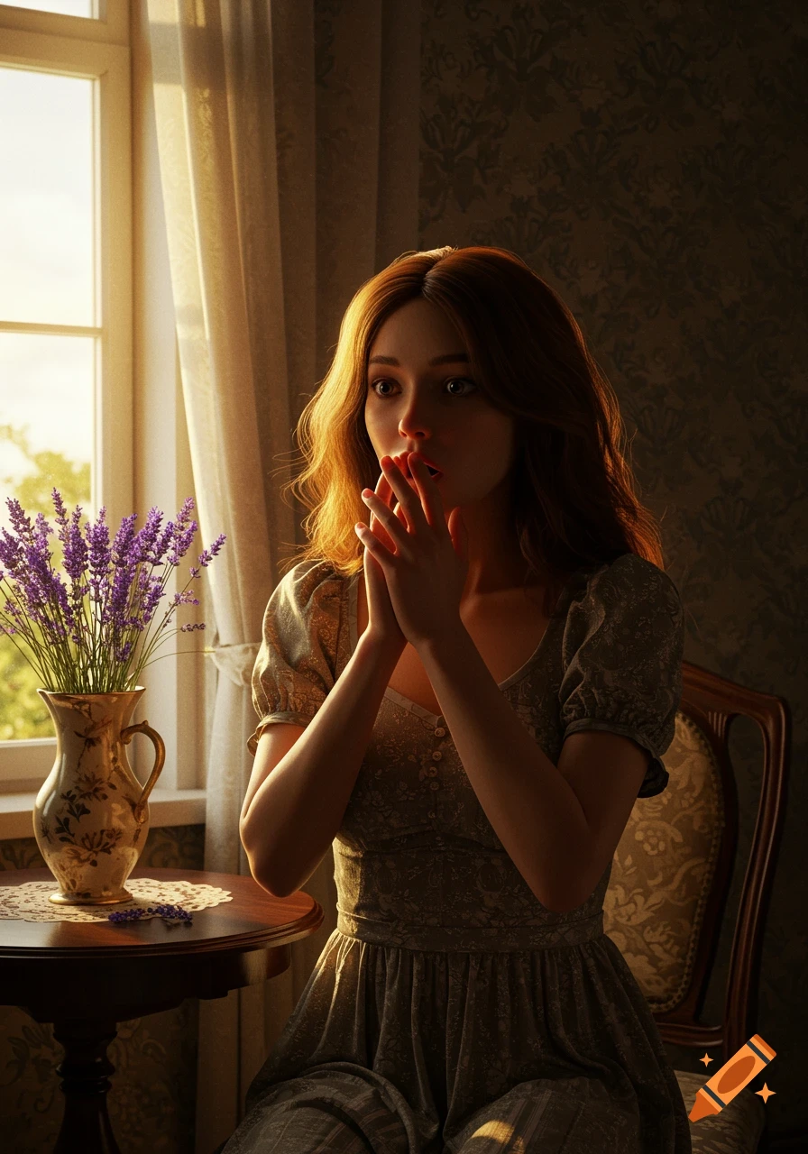 A young woman with auburn hair in a vintage dress sits by a sunlit window, hands clasped in surprise, next to a vase of lavender.