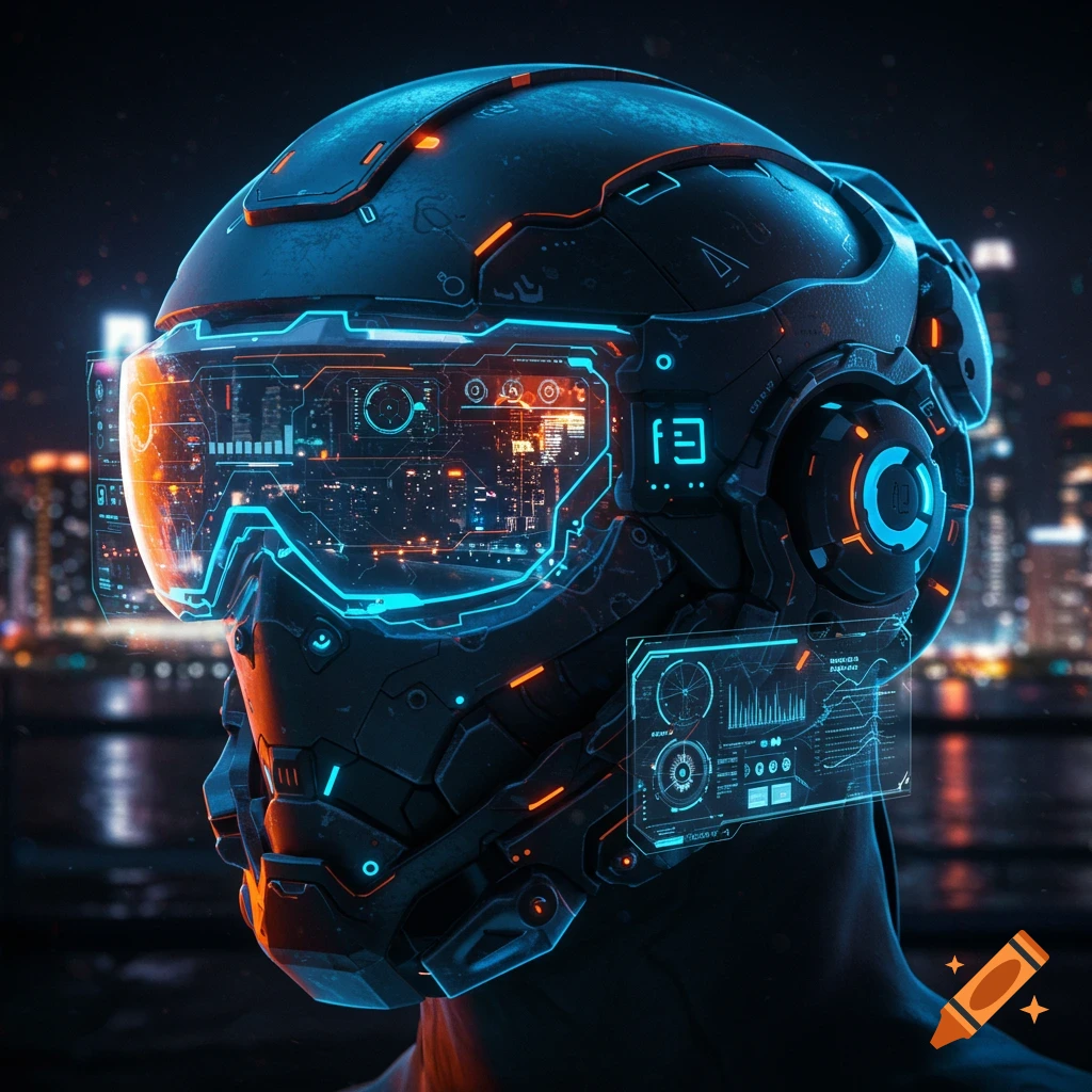 Close-up of a futuristic black helmet with glowing blue and orange accents and holographic data displays, set against a blurred neon city nightscape.