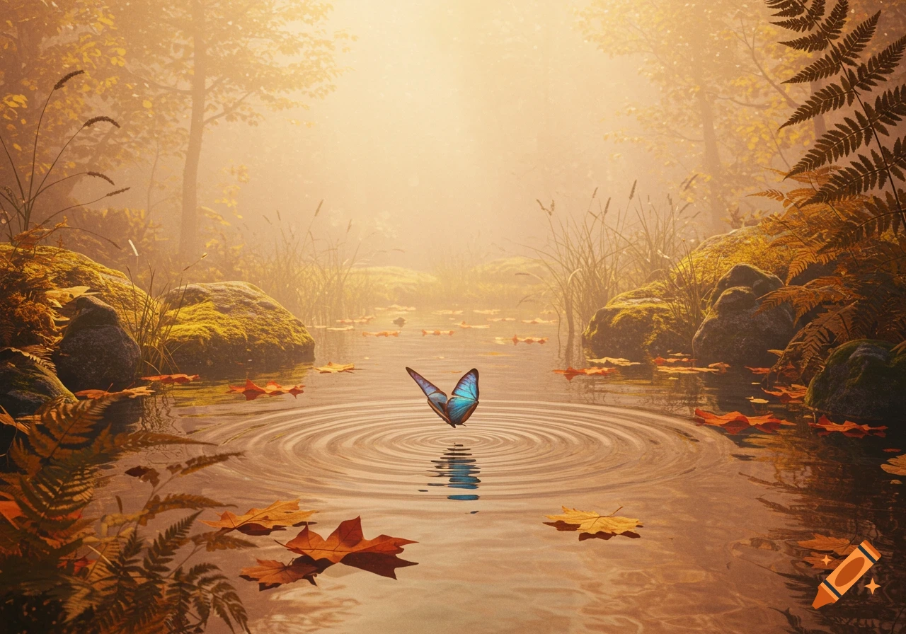 A blue butterfly hovers over rippling water, surrounded by vibrant orange autumn leaves and mossy rocks in a sunlit forest.