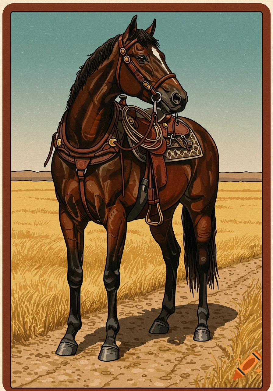 A dark brown horse wearing a saddle and bridle stands on a dirt path in a field of dry grass under a blue sky, in an American traditional art style.
