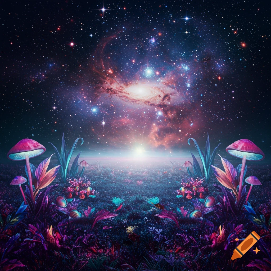 A vibrant, psychedelic landscape with glowing pink mushrooms and colorful alien plants under a starry galaxy sky.