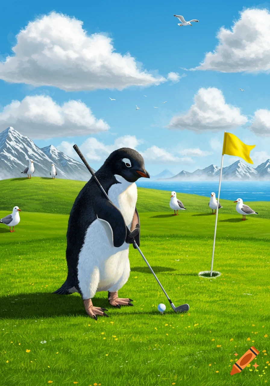 A stylized penguin takes a golf swing on a bright green course with a flag, mountains, and ocean under a blue sky.