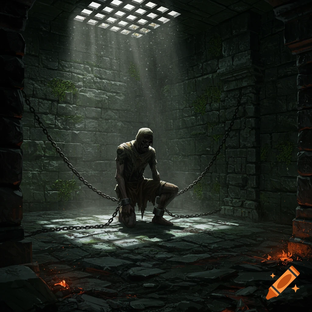 A chained, hooded figure crouches in a dark, mossy stone dungeon, lit by light streaming from a grate overhead.