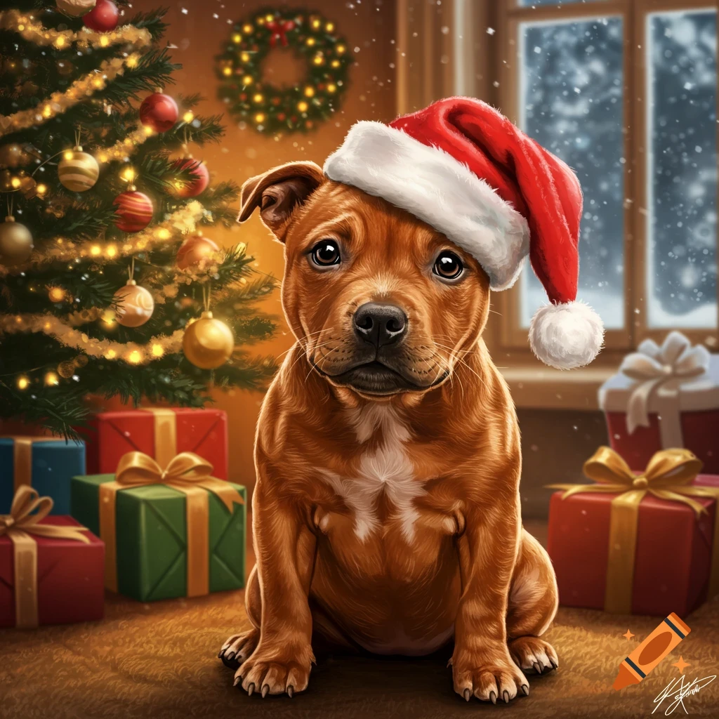 A cute brown Staffy puppy wearing a red Santa hat sits in front of a Christmas tree with presents.