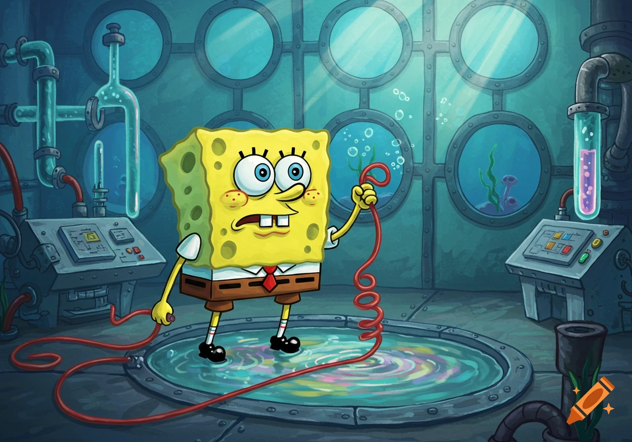 SpongeBob SquarePants holding a red cord over a swirling pool of water in a futuristic underwater lab.