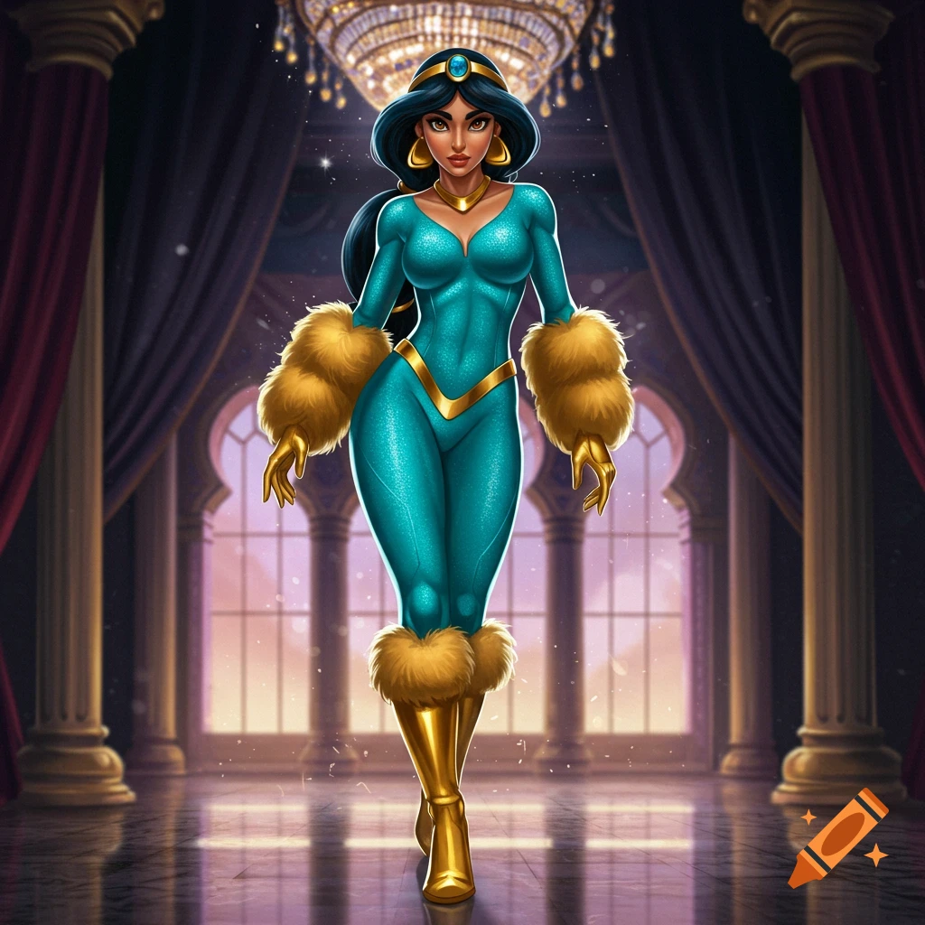 Princess Jasmine in a tight cyan athletic suit with gold fur boots and gloves, standing in a grand hall with chandeliers.