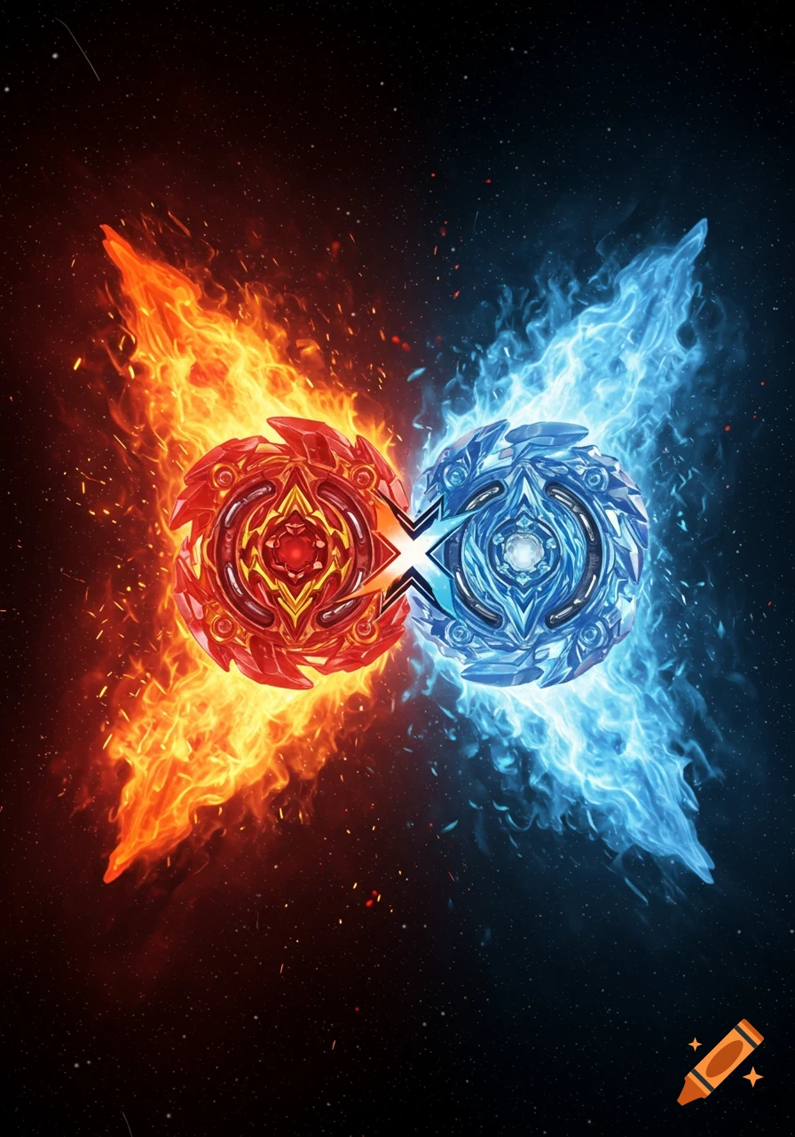 Two Beyblades, red with fire and blue with ice, collide in a fiery, icy X against a starry space background.