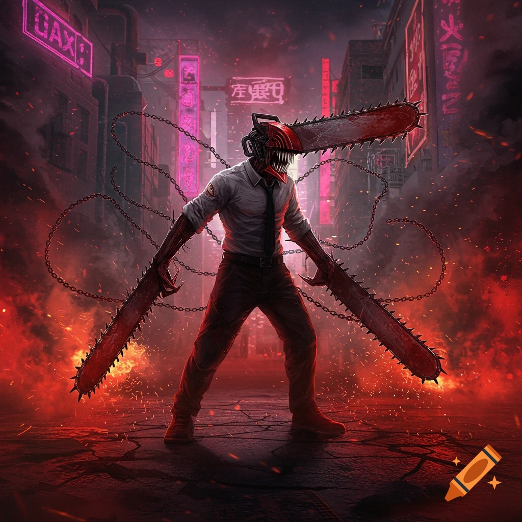 A demonic figure with a chainsaw head and chainsaw arms stands in a fiery, smoky urban landscape with neon signs.