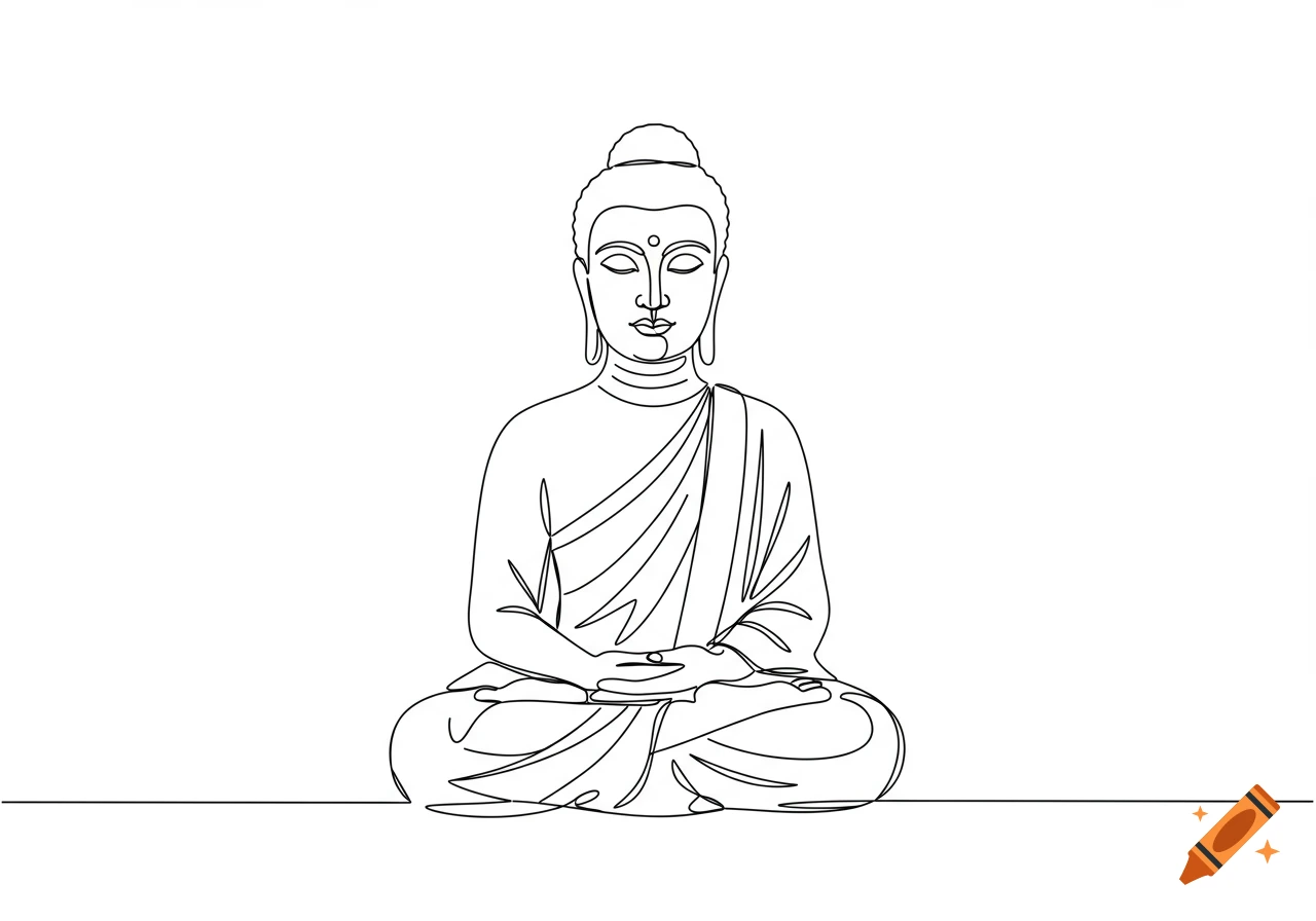 A simple line drawing of a Buddha figure meditating in a lotus position.