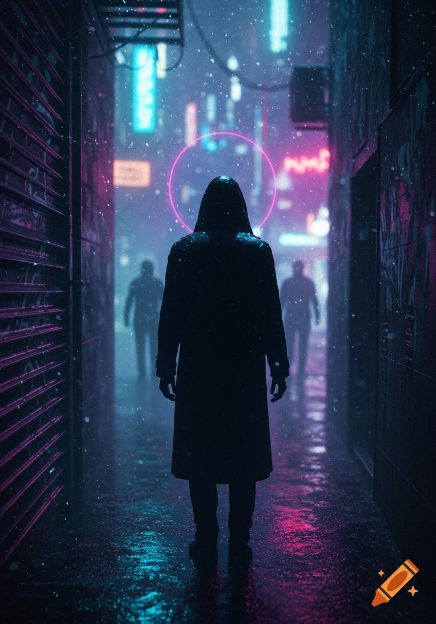 A person in a hooded trench coat stands in a dark, rain-slicked alley illuminated by pink and blue neon lights with falling snow.