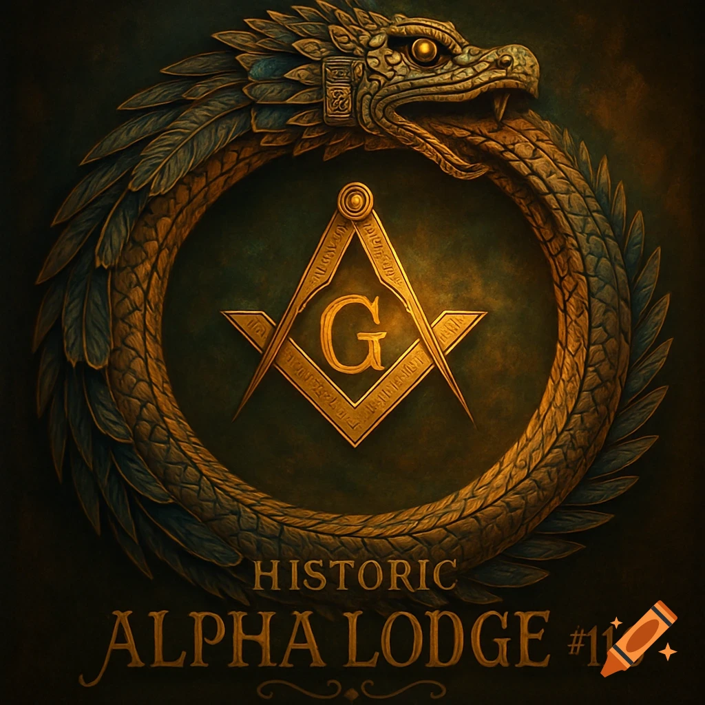 A detailed golden Mayan-style ouroboros encircles a golden Masonic square and compass symbol with a 'G' in the center. Text below reads 'HISTORIC ALPHA LODGE #116'.
