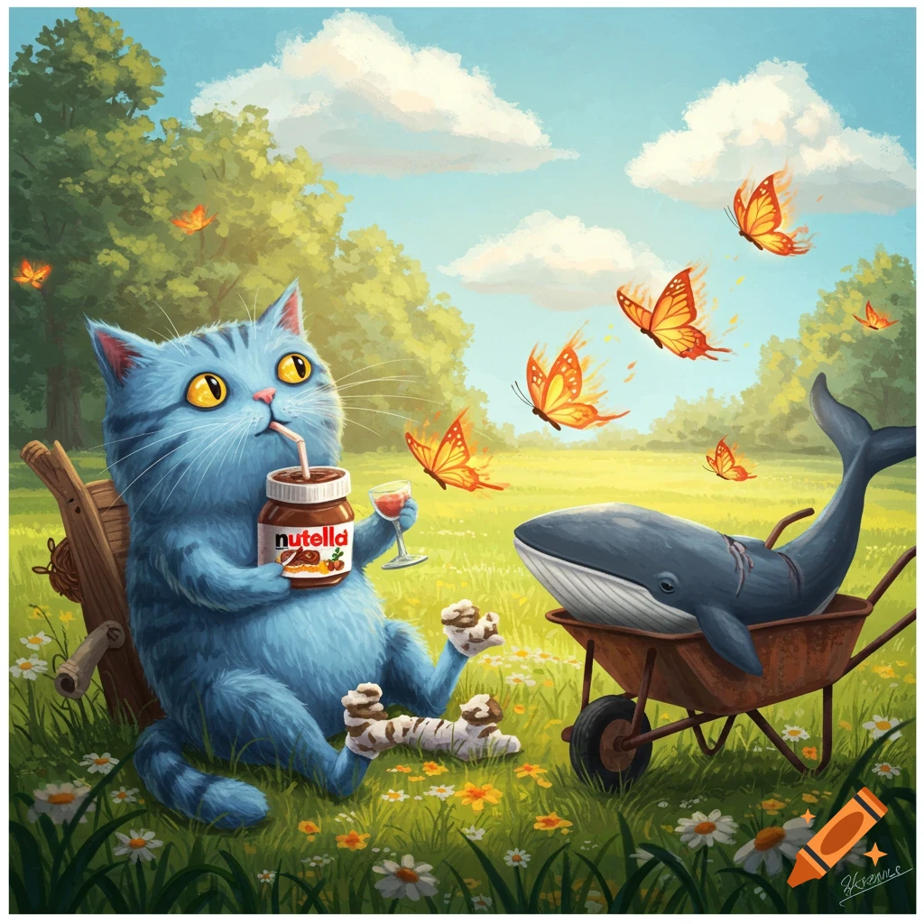 A blue cartoon cat sips from a Nutella jar with a straw while sitting in a grassy field, surrounded by flaming butterflies and a whale in a wheelbarrow.