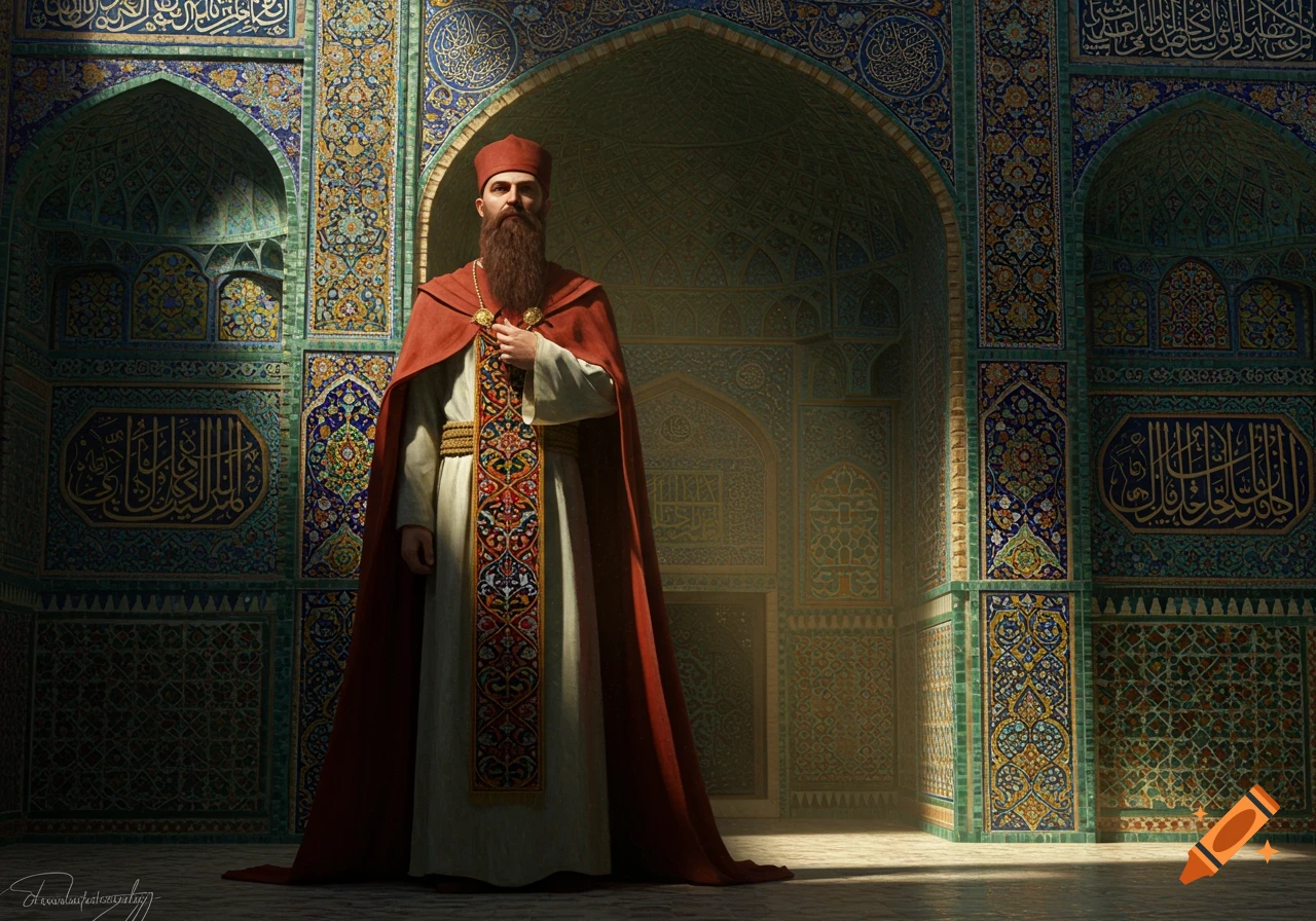 A bearded man in a red and white robe stands in a richly tiled mosque with intricate blue and green patterns.