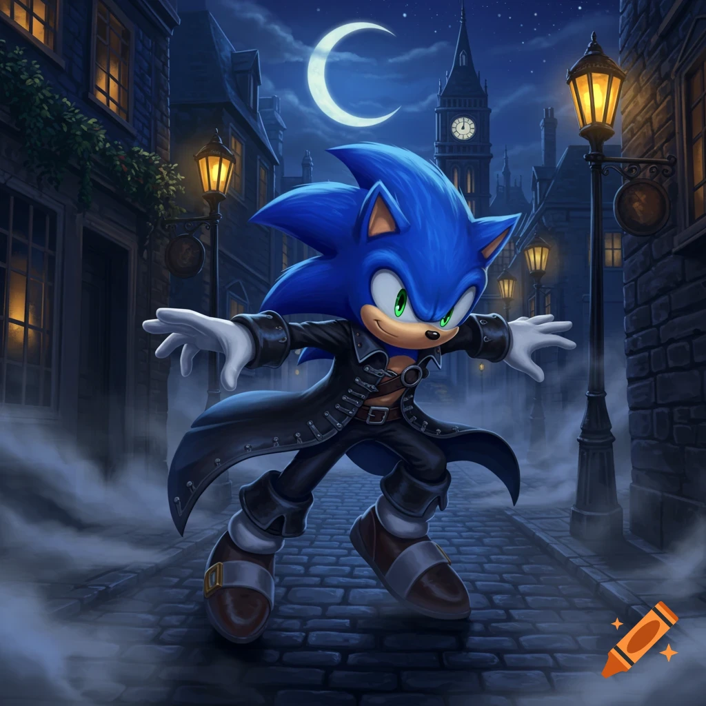 Sonic the Hedgehog in a dark trench coat stands on a cobblestone street at night, with old buildings and streetlights under a crescent moon.
