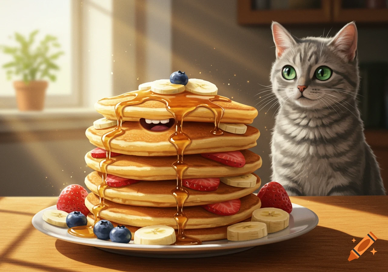 A grey tabby cat looks at a stack of anthropomorphic pancakes with a happy face, topped with syrup, berries, and bananas.