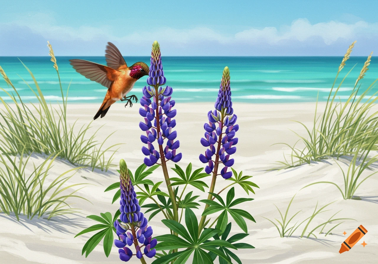 A copper-rumped hummingbird feeds on a blue lupine plant on a white sandy beach with an emerald ocean in the background.