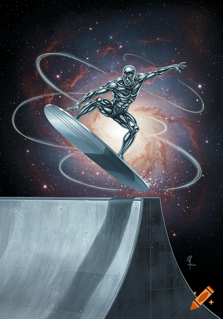 Silver Surfer flies above a chrome half-pipe, set against a vibrant galaxy and starfield in a comic book art style.