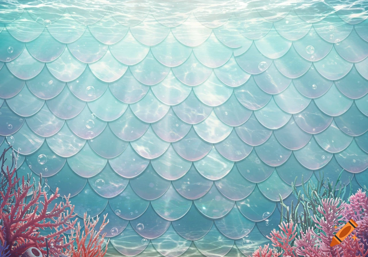 Underwater scene with shimmering blue-green mermaid scales, light rays, bubbles, and colorful coral.