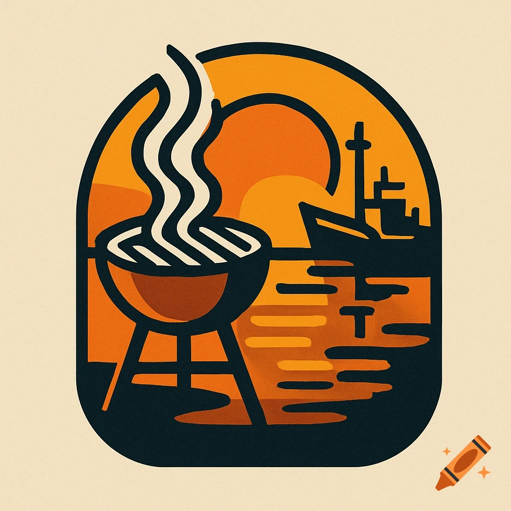 Stylized illustration within an oval frame depicting a BBQ grill with smoke, a sunset, and a ship on the water.