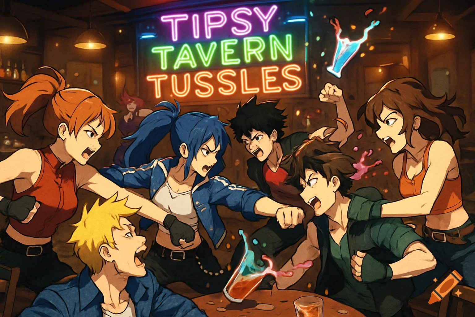 Anime-style illustration of a chaotic bar fight under a neon sign that reads 'Tipsy Tavern Tussles'.