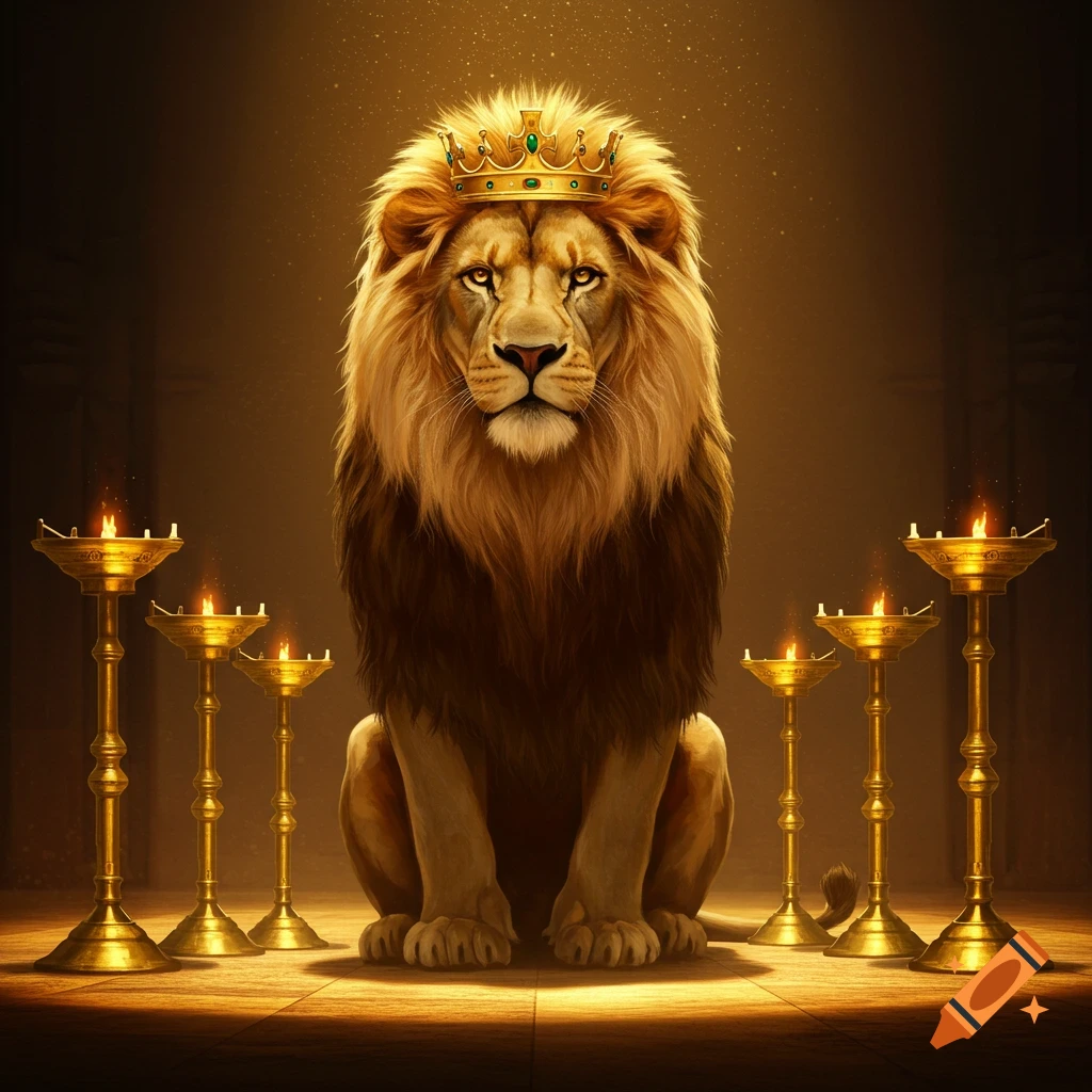 A majestic lion wearing a golden crown sits amidst seven glowing golden lampstands in a dark, regal setting.