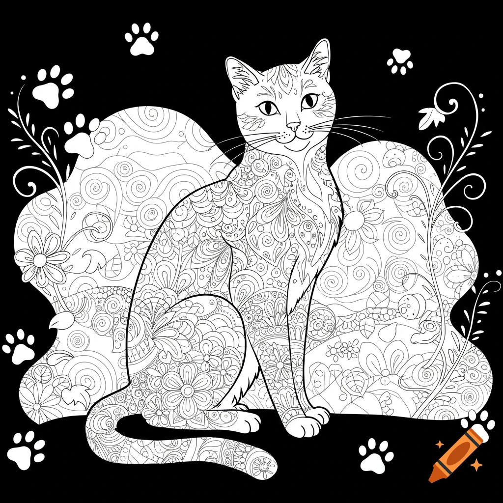 Black and white outline drawing of a cat with intricate patterns, surrounded by paw prints and decorative foliage, ideal for a coloring book.