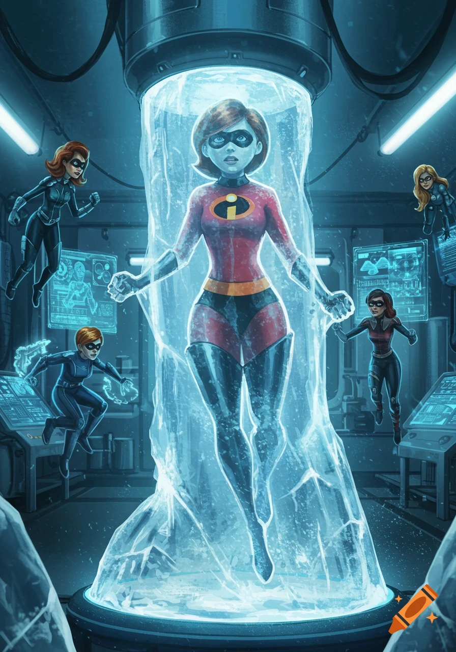 Elastigirl frozen in ice in a futuristic laboratory, surrounded by other superheroines.