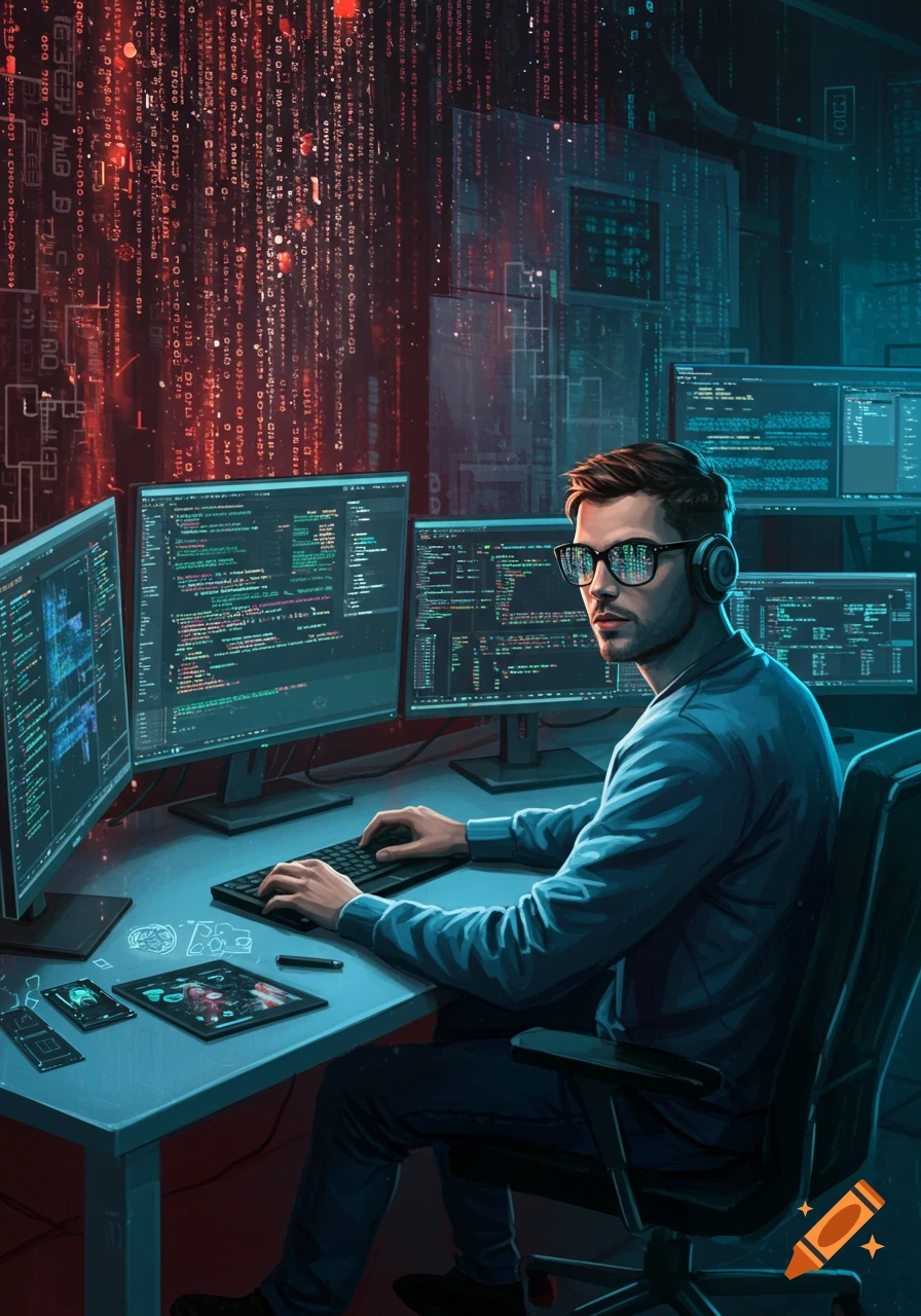 A man, a computer scientist, works at a multi-monitor desk with code displaying on screens and a digital matrix in the background.