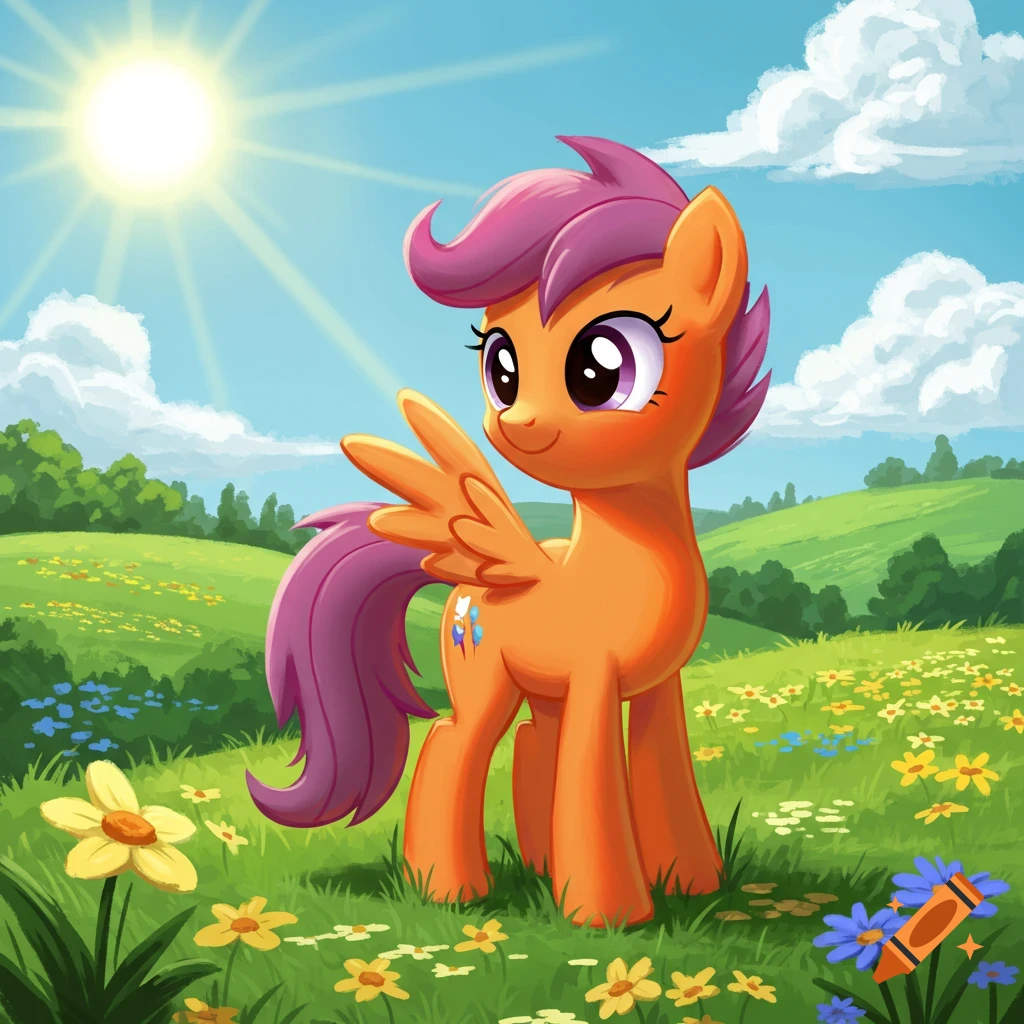 An orange pegasus pony with a purple mane and tail stands in a vibrant green field with colorful flowers under a bright, sunny blue sky.