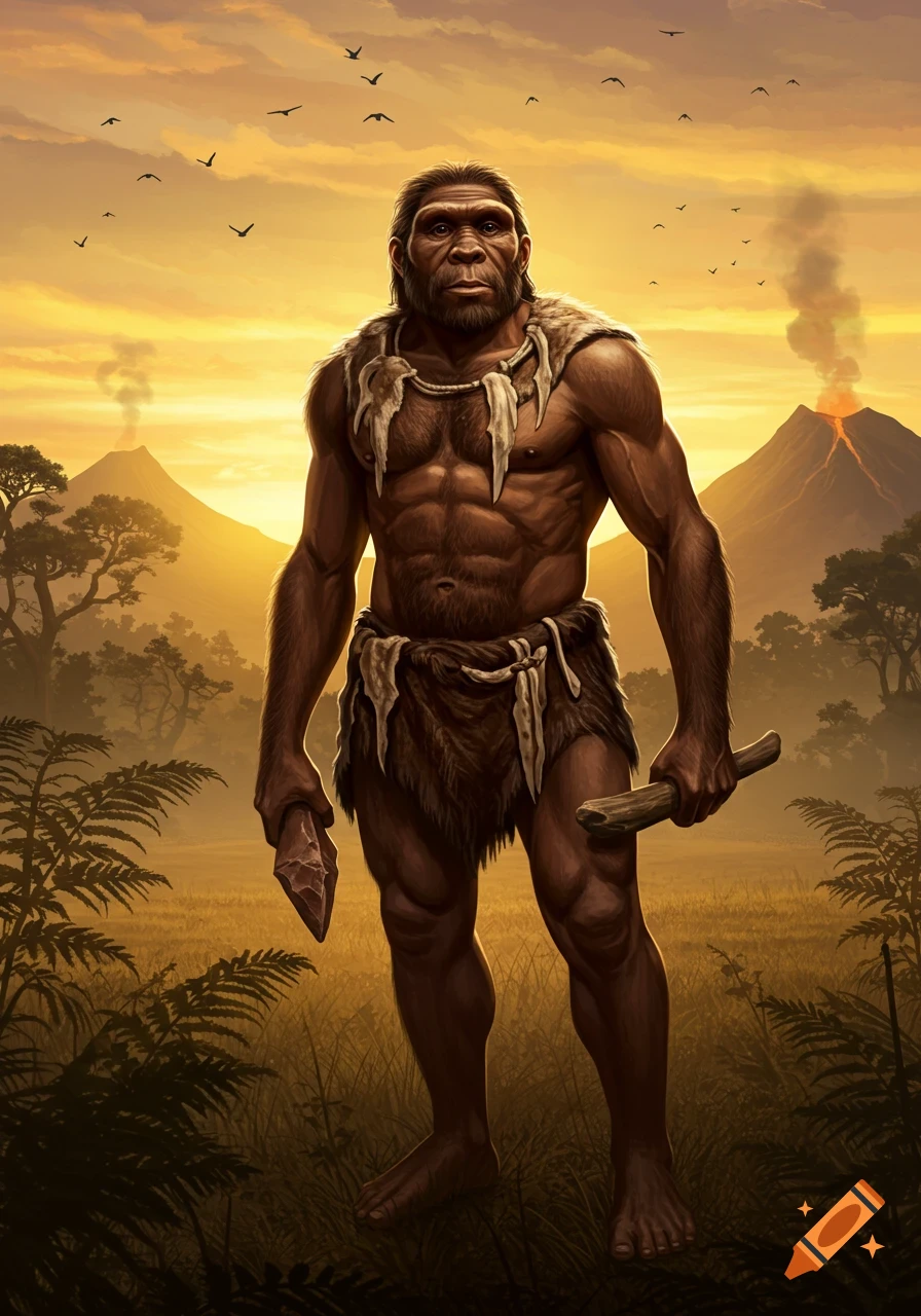 Illustration of a muscular Homo Erectus in fur standing in a prehistoric landscape with volcanoes and a sunset.