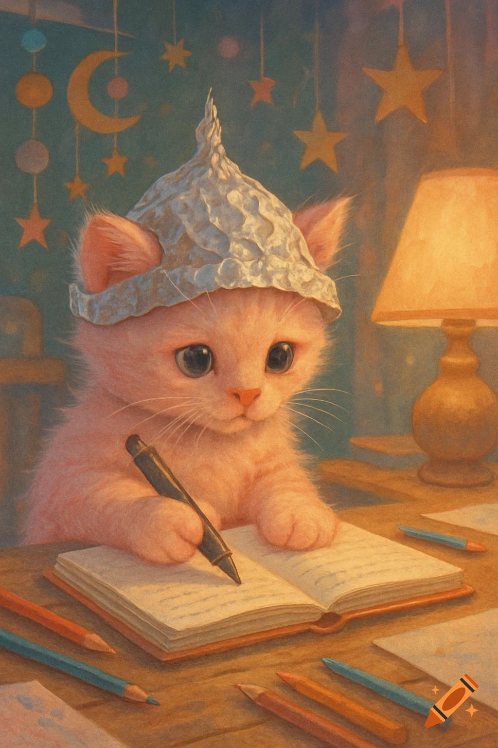 A pink kitten wearing a tinfoil hat sits at a wooden desk, writing in an open notebook with a pen under a warm lamp.