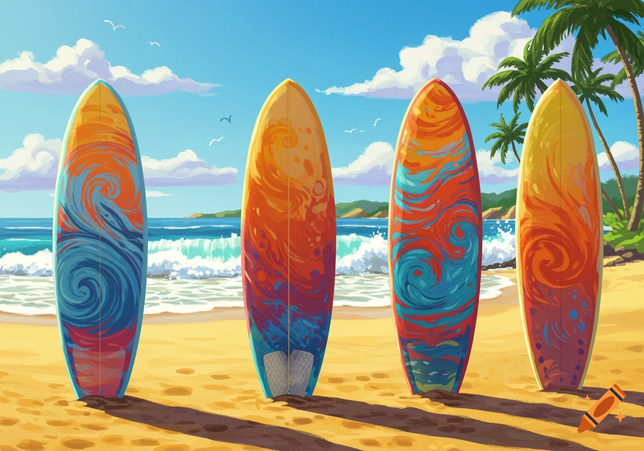 Four colorful surfboards stand upright on a sandy beach, with the ocean and palm trees in the background, in a vibrant painting style.