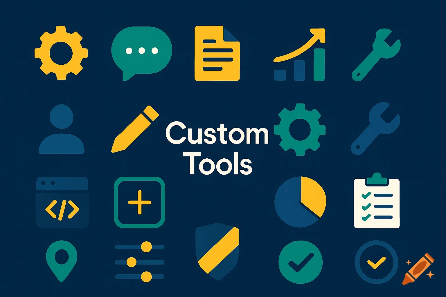 Flat design illustration with colorful icons including gear, wrench, chat bubble, and bar chart, surrounding "Custom Tools" text.