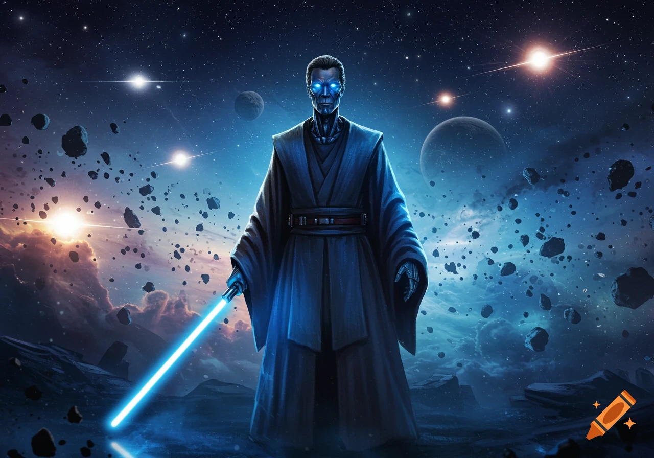 A robotic-looking figure in blue robes holds a glowing lightsaber in a starry cosmic landscape with planets and asteroids.