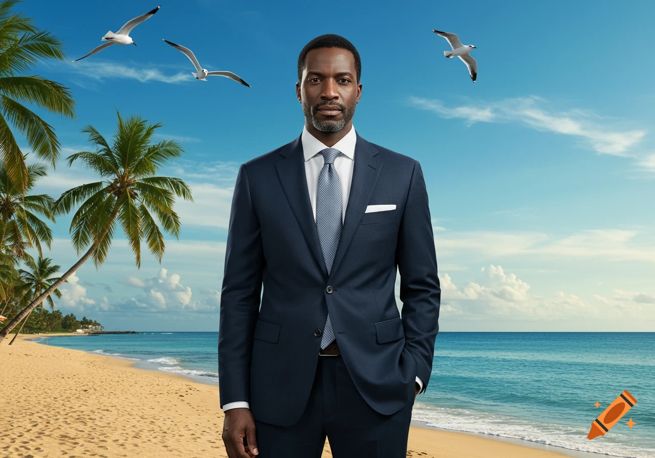 A man in a dark suit stands on a sandy beach with palm trees, a blue ocean, and seagulls flying under a bright sky.