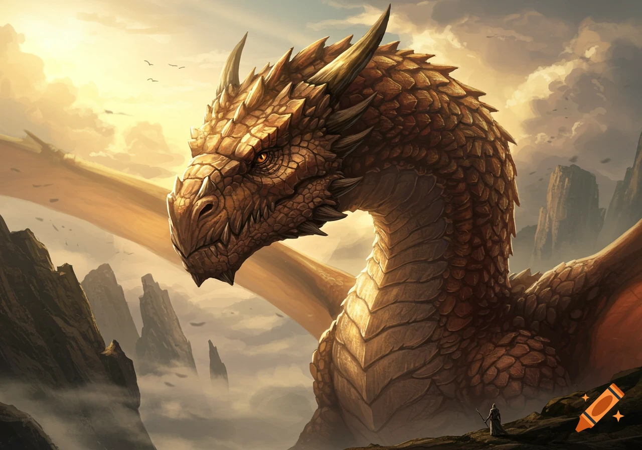 A majestic brown dragon with amber and gold scales overlooks a misty, mountainous landscape at sunset, with a tiny figure of a person below.