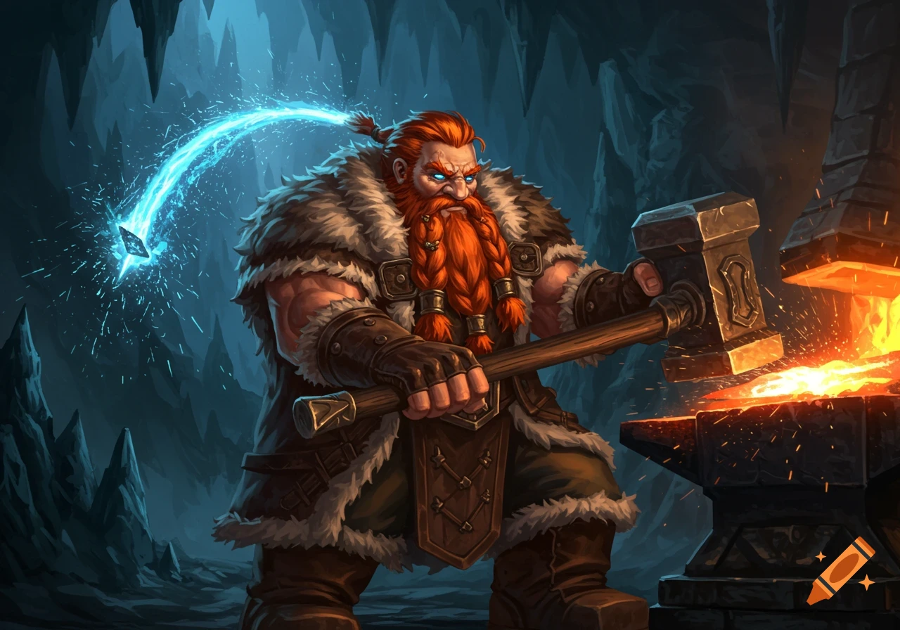 Red-haired dwarf in fur coat strikes a forge with a hammer in a dark cave, glowing blue eye and sparks. Fantasy art style.